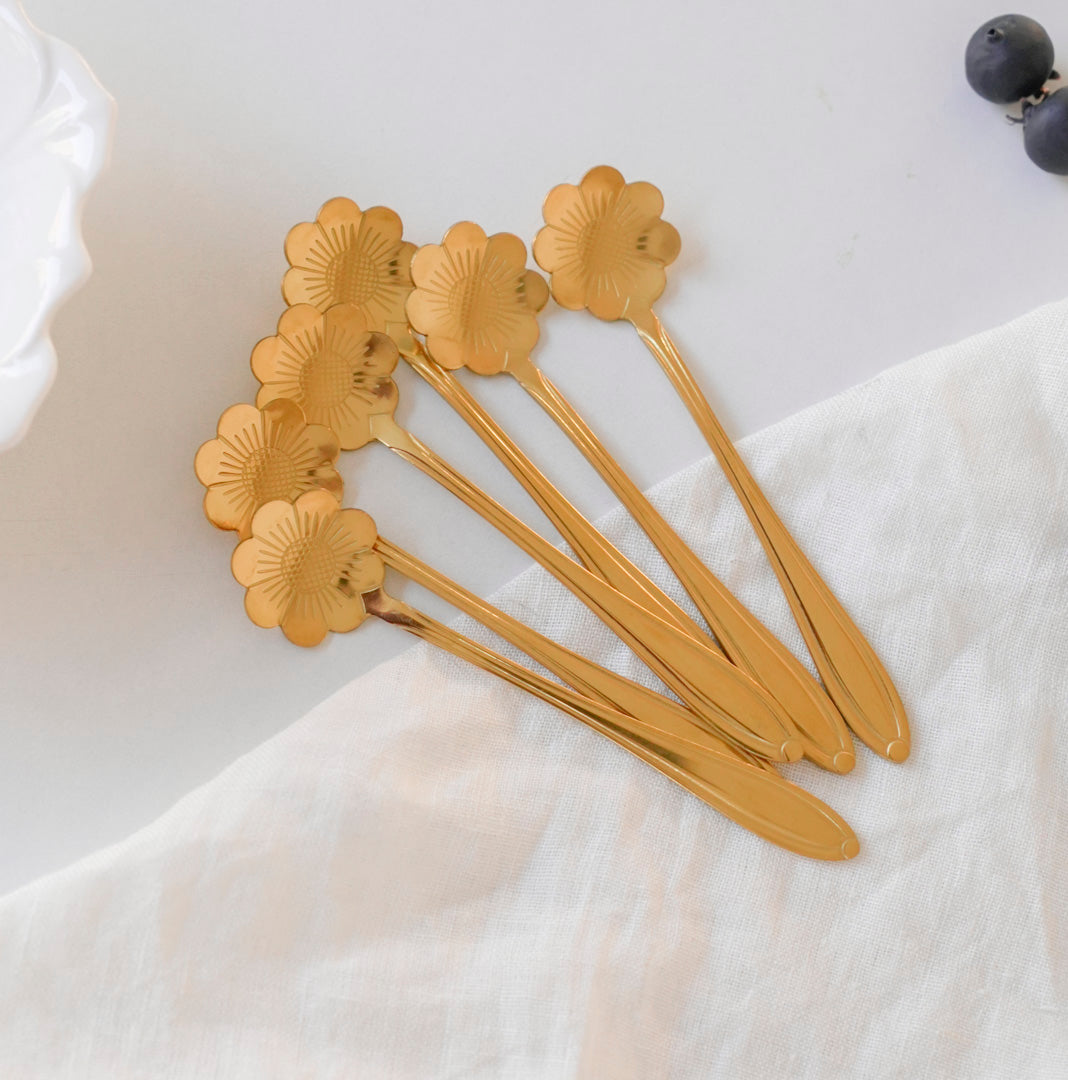 Small Dessert & Tea Spoons |Set of 6 | Gold Chrysanthemum Flower - Image 3