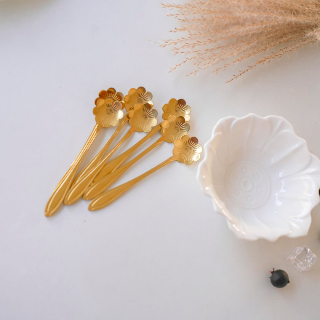 Small Dessert & Tea Spoons |Set of 6 | Gold Chrysanthemum Flower - Image 2