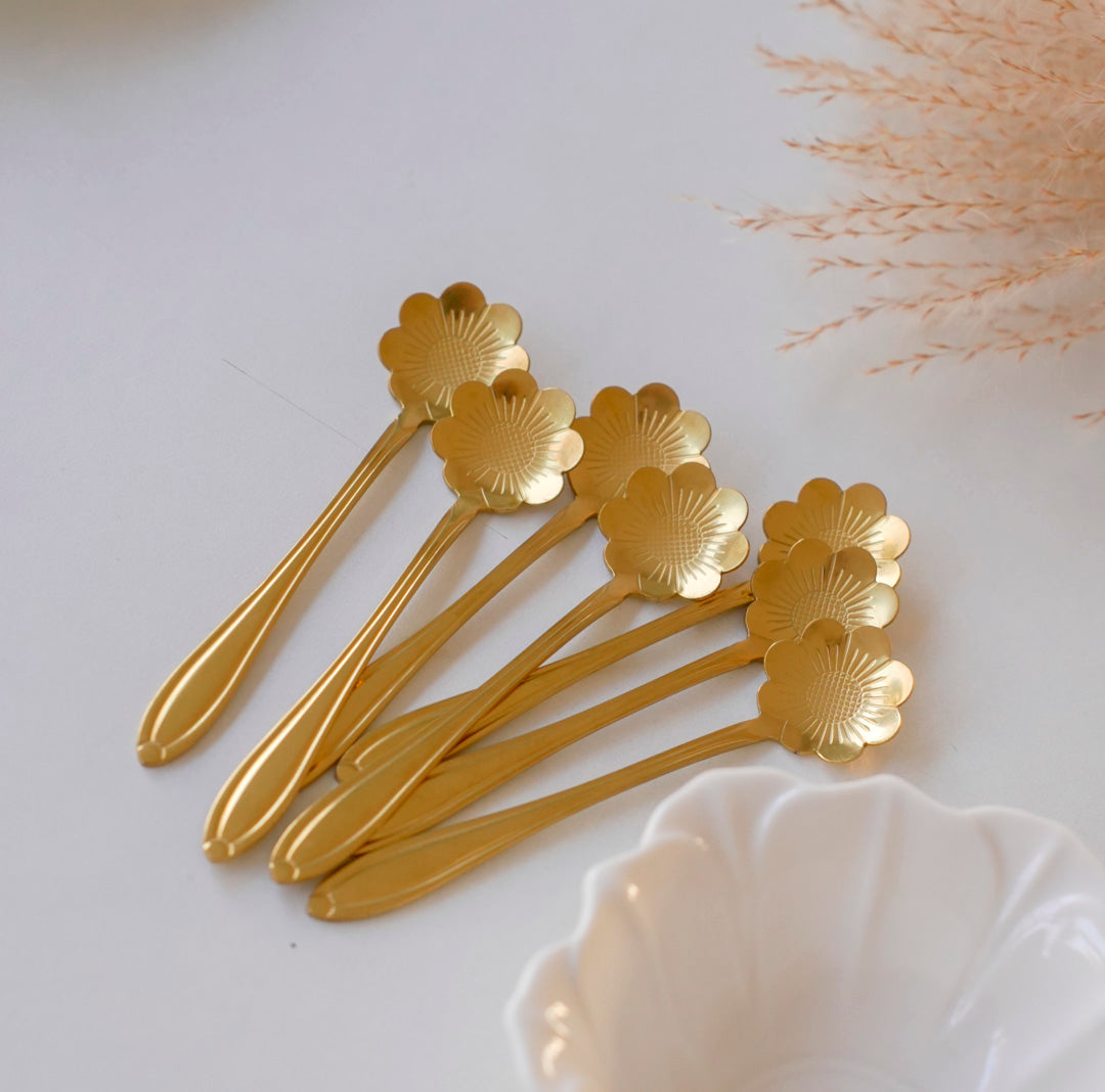 Small Dessert & Tea Spoons |Set of 6 | Gold Chrysanthemum Flower - Image 6