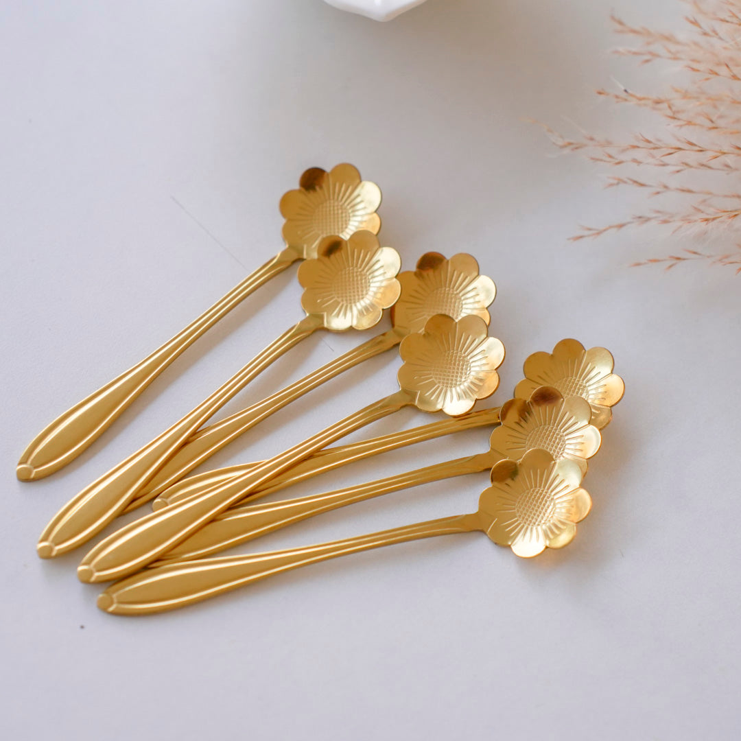 Small Dessert & Tea Spoons |Set of 6 | Gold Chrysanthemum Flower