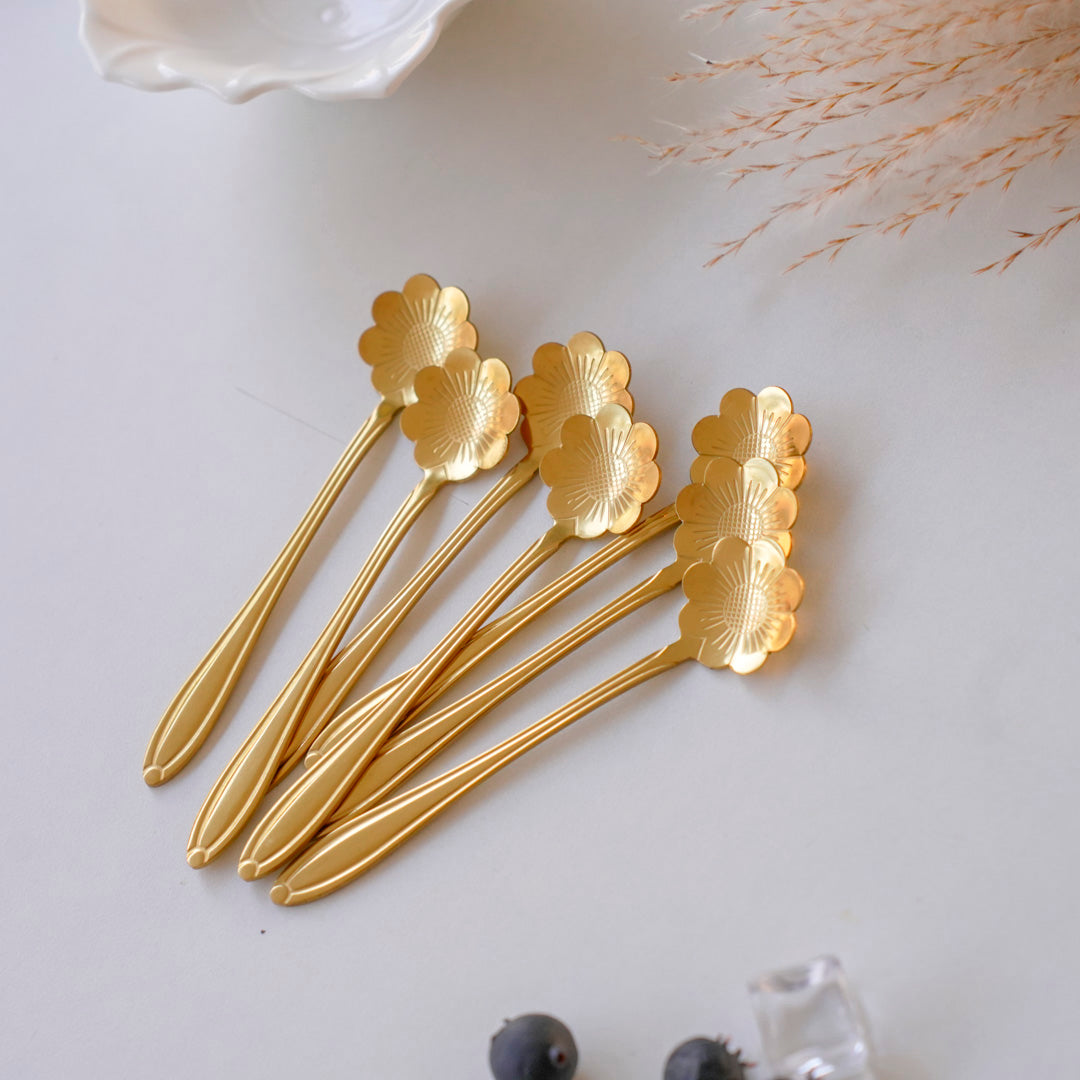 Small Dessert & Tea Spoons |Set of 6 | Gold Chrysanthemum Flower - Image 7